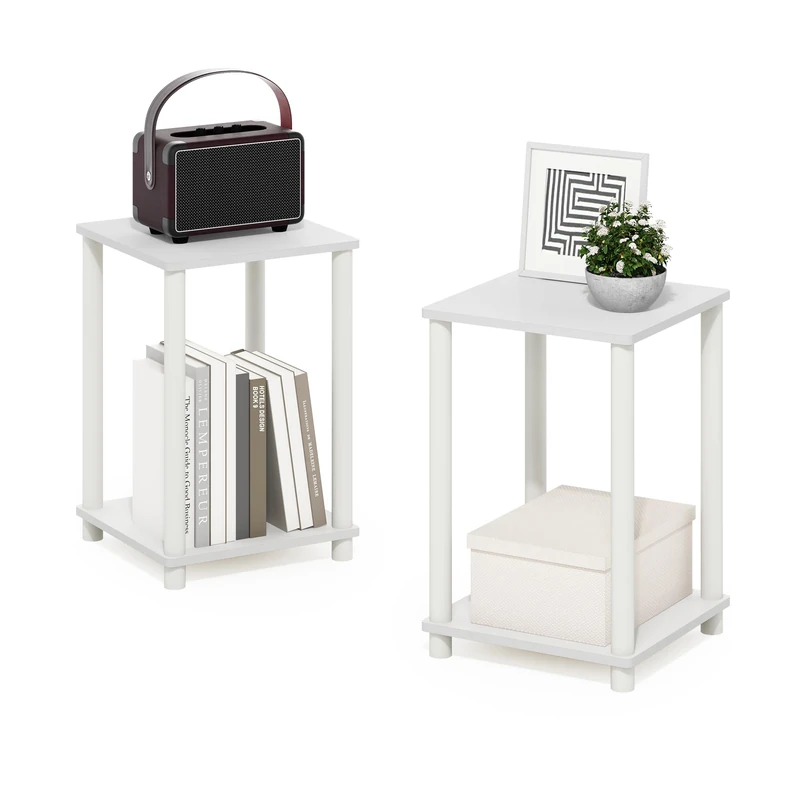 Furinno TURN-N-TUBE Side Table Set of 2, 2-Tier Stackable End Table with Open Shelf, Toolless Night Stand, Bedside Table, for Living Room, Bedroom, White