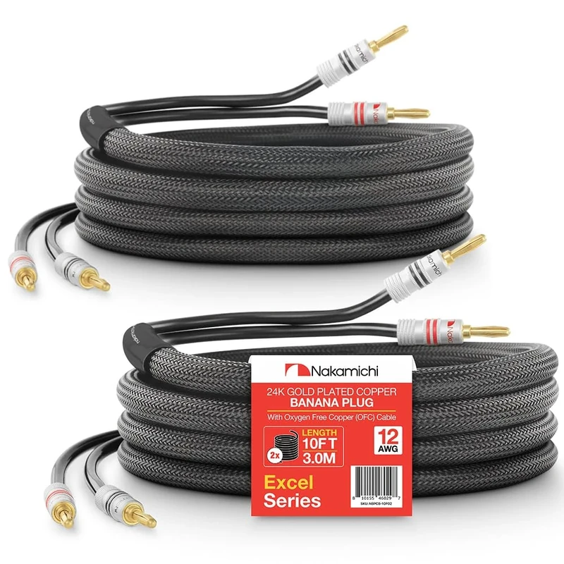 Nakamichi Excel Series 24k Gold Plated Banana Plug with (10 Feet) Speaker Cable Wire 99.9% Oxygen-Free Copper (OFC) Heavy Duty Braided In-Wall CL2 Rated - Black (12AWG / 10ft / 3.0m) 2-Pack