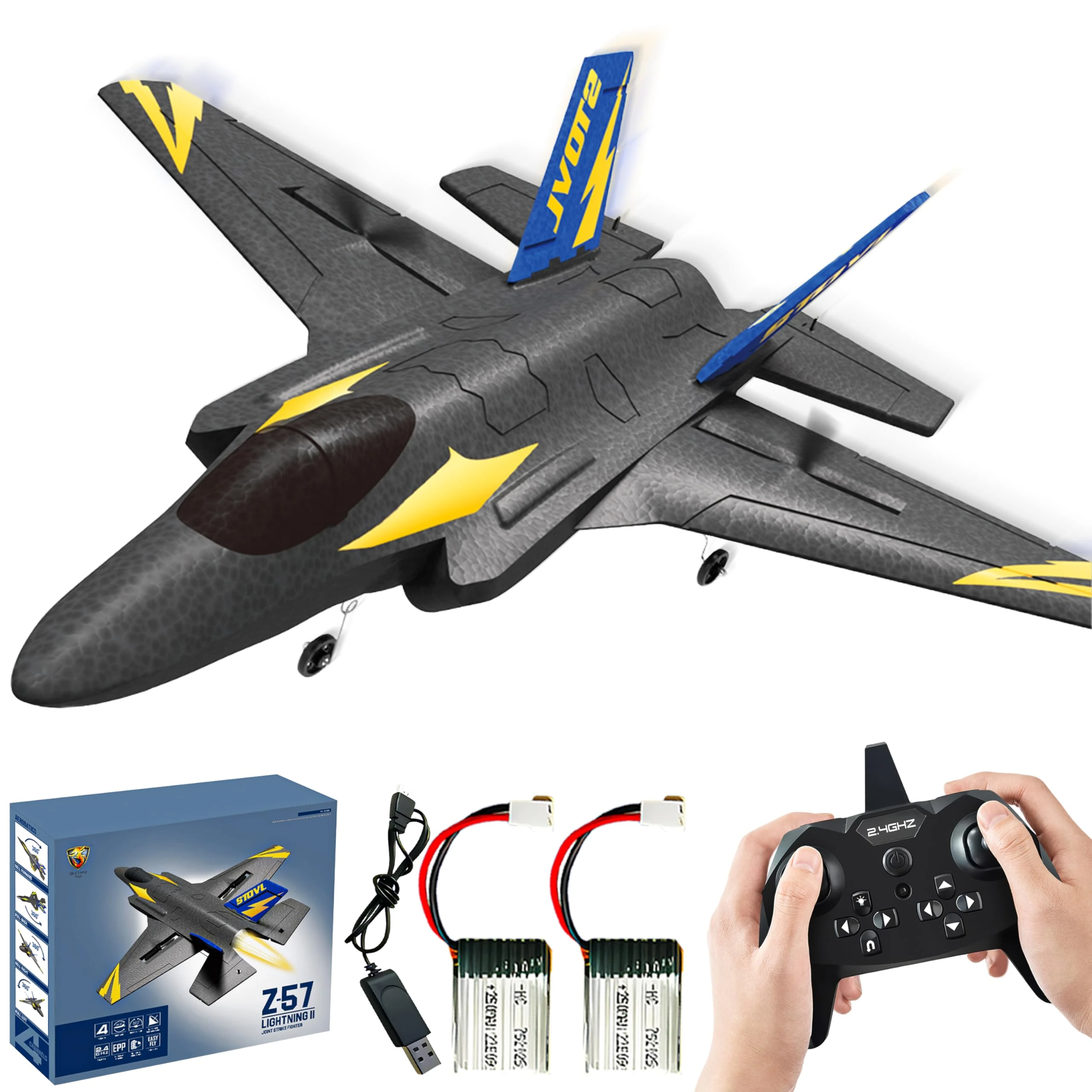 BEZGAR 4 Channel RC Plane F35 Fighter Jet, 6-axis Gyro Remote Control Airplane Ready to Fly with 2 Batteries, Easy Control for Beginners Toys with LED Navigation Lights for Adults Kids Boys
