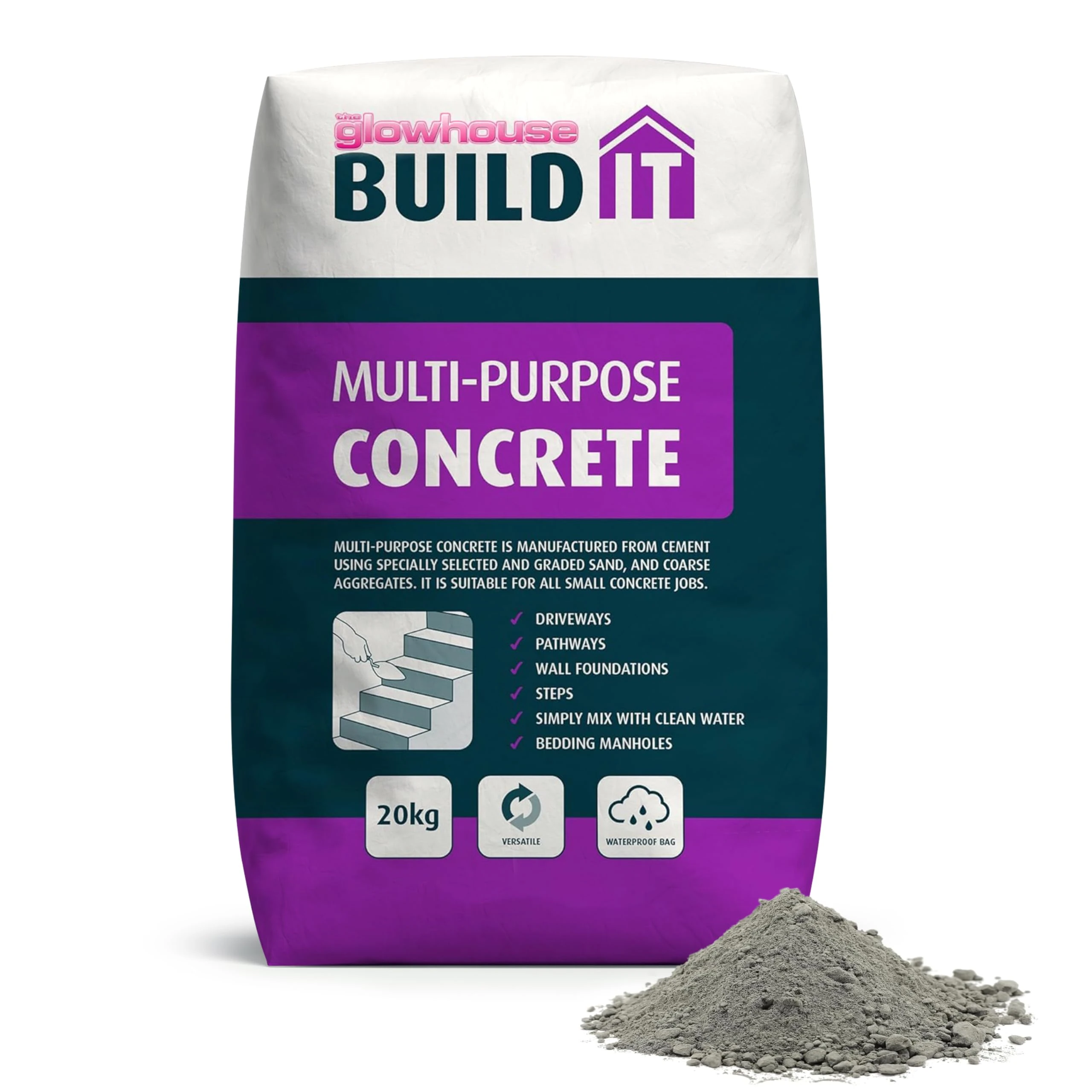 The Glowhouse Multi-Purpose Concrete Bag Ready Mixed, Just Add Water, Suitable for All Concrete Jobs, Driveways, Paths, Walls, Steps and more, Waterproof Bag 20kg