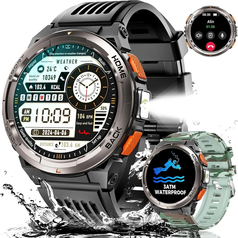 Military Smart Watches for Men 3ATM Waterproof LED Flashlight 1.45'' HD Rugged Tactical Smartwatch with Compass Altitude Barometer SOS Alarming Fitness Watch for iPhone Android (Answer/Make Call)