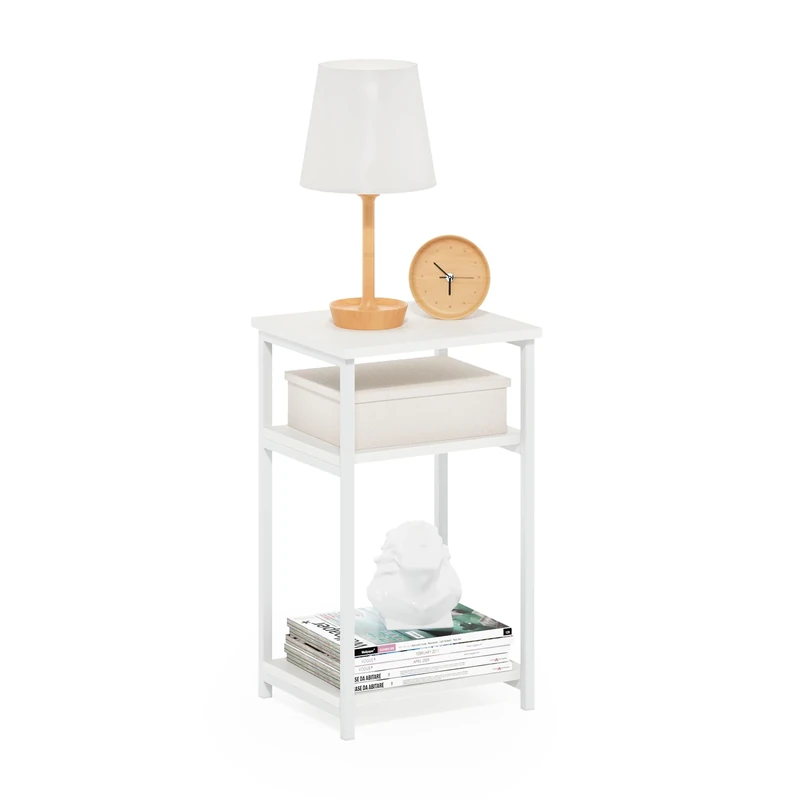 Furinno JUST Side Table, 3-Tier Metal Frame End Table with Open Shelf, Night Stand, Bedside Table, for Living Room, Bedroom, White