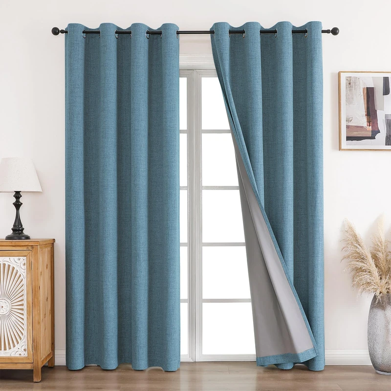 CUCRAF Curtain 100% Opaque Linen Curtains with Eyelets Blackout Curtains Sky Blue H214 x W 132 cm Set of 2 Thermal Curtain Cold Protection Sound Insulation Curtain for Living Room Bedroom