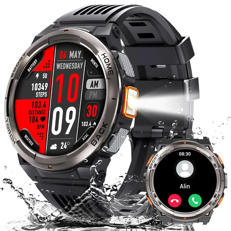 Military Smart Watches for Men 3ATM Waterproof LED Flashlight 1.45'' HD Rugged Tactical Smartwatch with Compass Altitude Barometer SOS Alarming Fitness Watch for iPhone Android (Answer/Make Call)