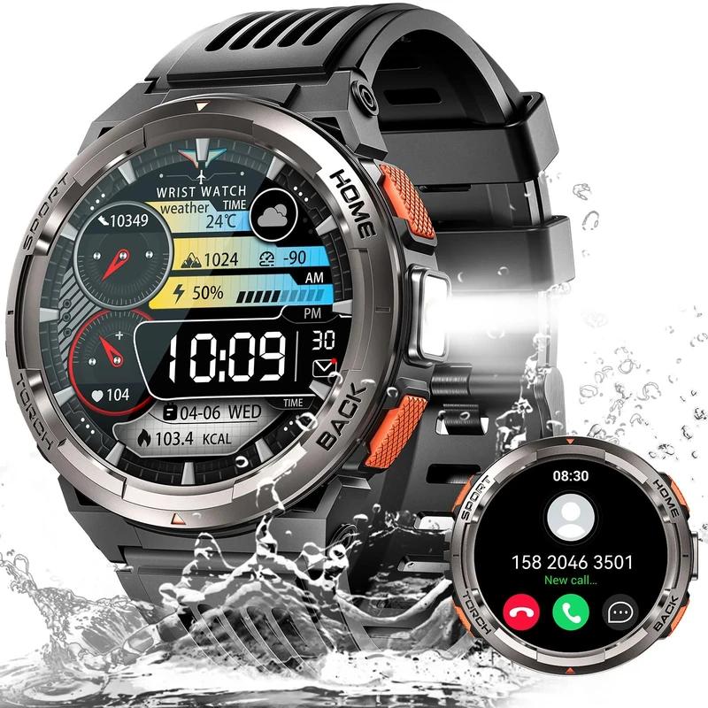 Military Smart Watches for Men 3ATM Waterproof LED Flashlight 1.45'' HD Rugged Tactical Smartwatch with Compass Altitude Barometer SOS Alarming Fitness Watch for iPhone Android (Answer/Make Call) - Image 1