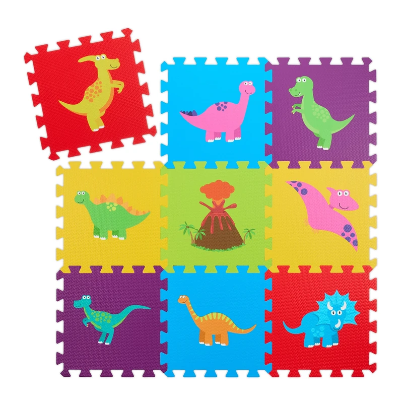 Relaxdays Puzzle Playmat, 3x3 Baby Crawling with Edge, Dinosaurs, Non-Toxic Foam Pad, HWD: 1 x 86 x 86 cm, Colourful