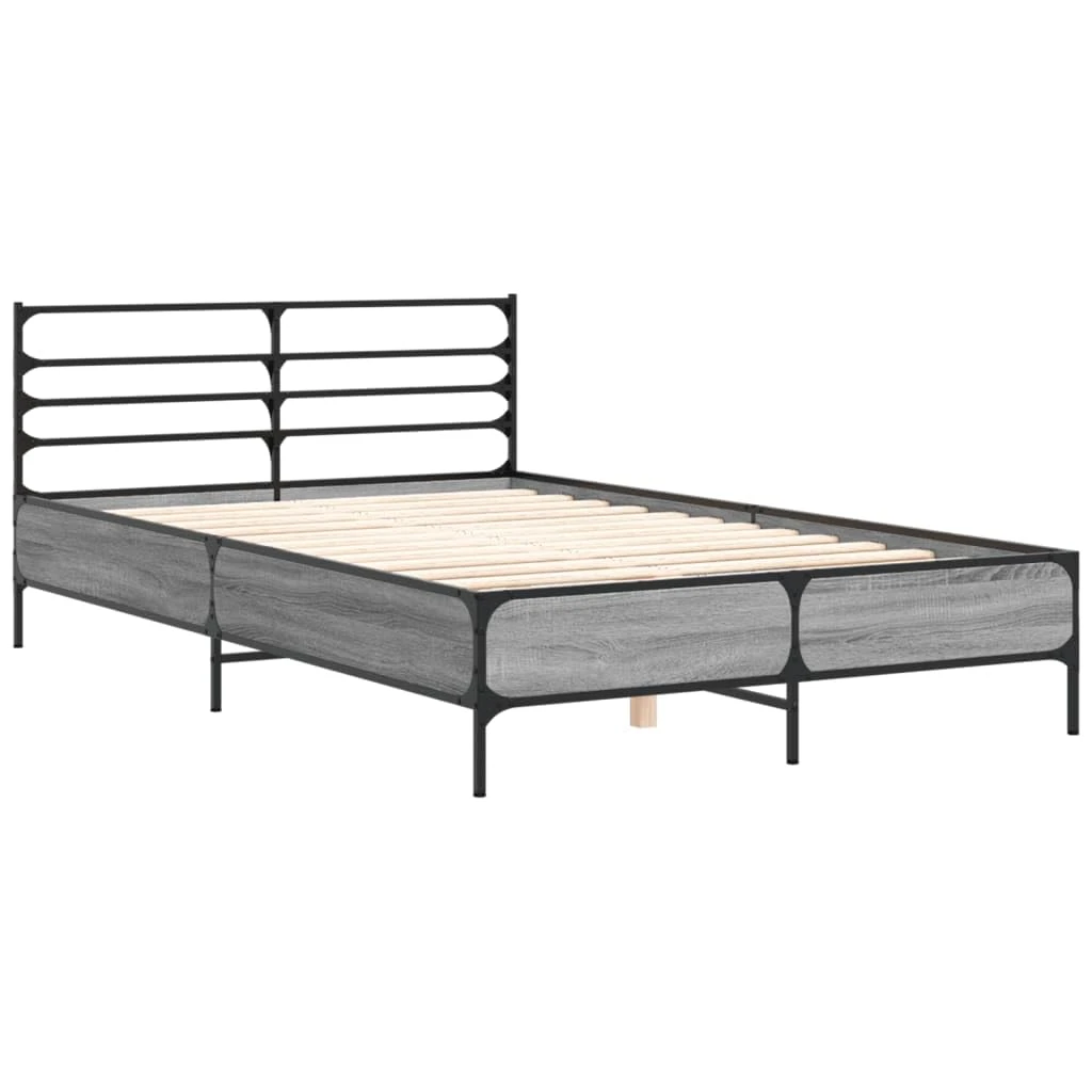 vidaXL Engineered Wood and Metal Bed Frame - Grey Sonoma Double Bed 120x200 cm with Sturdy Plywood Slats and Contemporary Headboard
