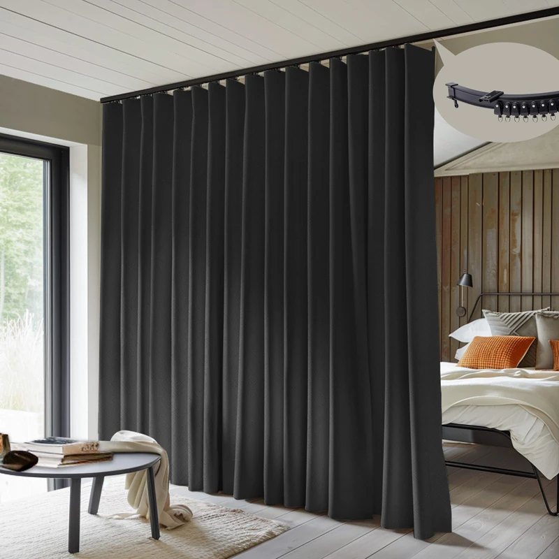 MaKefeile Room Divider Curtains with Flexible Ceiling Curtain Tracks Set,100% Blackout Floor to Ceiling Curtains Patio Sliding Door Curtains (Black Drape & Black Rail W 15 × H 8 FT)