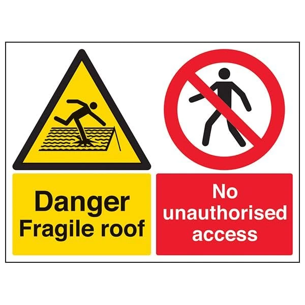 V Safety Warning Building- Danger, Fragile Roof/No Unauthorised Access - 400 X 300MM Safety Sign With Snap Frame