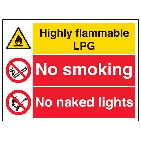 V Safety Warning Fire & Flammable- Flammable Lpg/No Smoking/No Naked Lights - 600 X 450MM Safety Sign With Snap Frame
