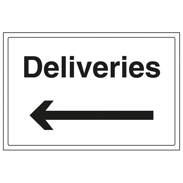 V Safety General Information - Deliveries, Arrow Left - 400 X 300MM Safety Sign With Snap Frame