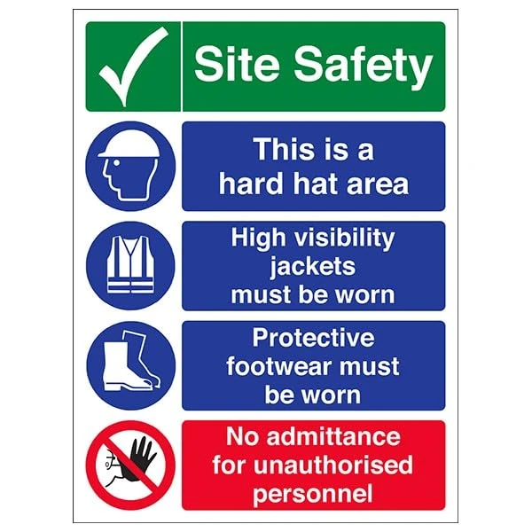 V Safety Warning Building Site - Multi Hazard Site Safety No Admittance - 450 X 600MM Safety Sign With Snap Frame