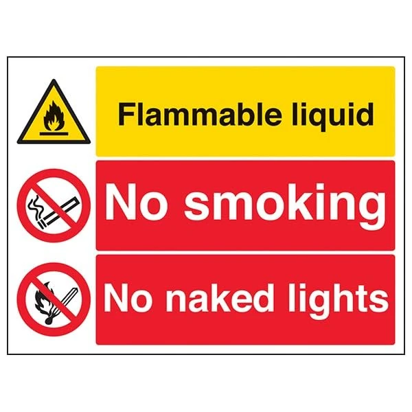 V Safety Warning Fire and Flammable- Flam. Liquid/No Smoking/No Naked Lights - 400 X 300MM Safety Sign With Snap Frame