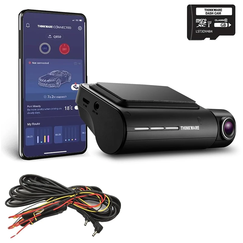 Thinkware Q850 Dash Cam QHD 1440p - Front Car Dash Camera With Super Night Vision, Connected App - Includes Hardwire Lead for Battery Safe Parking Mode & 32GB SD Card - Android/iOS App