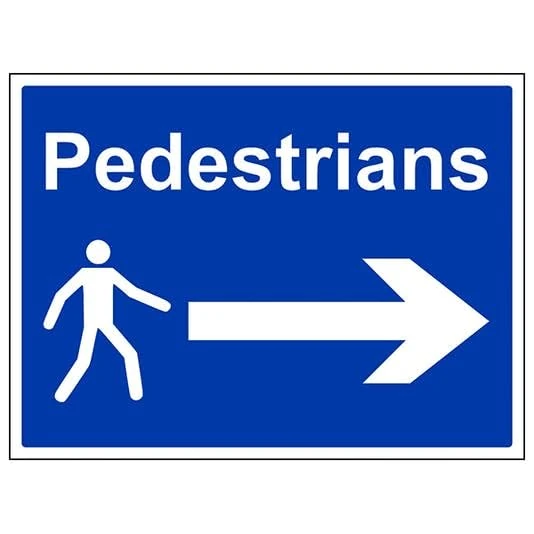 V Safety Mandatory General - Pedestrians, Arrow Right - 400 X 300MM Safety Sign With Snap Frame