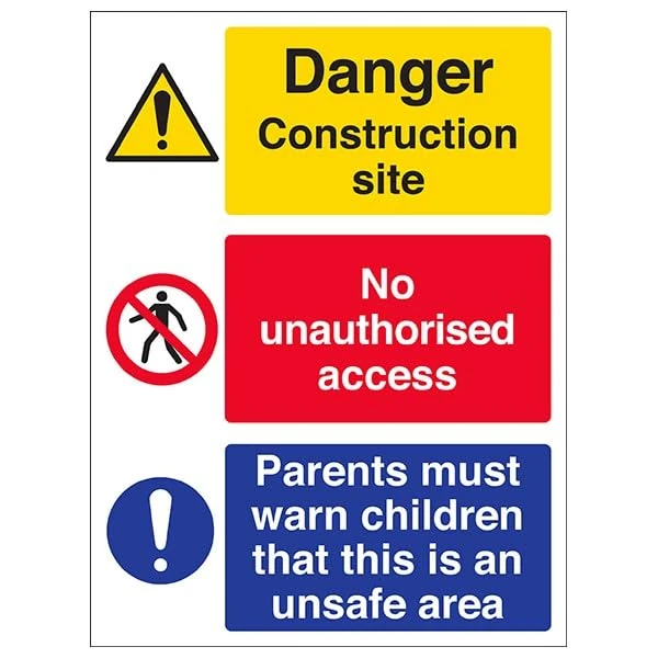 V Safety Warning Building Site - Multi Hazard Sitesafety Must Warn Children - 300 X 400MM Safety Sign With Snap Frame