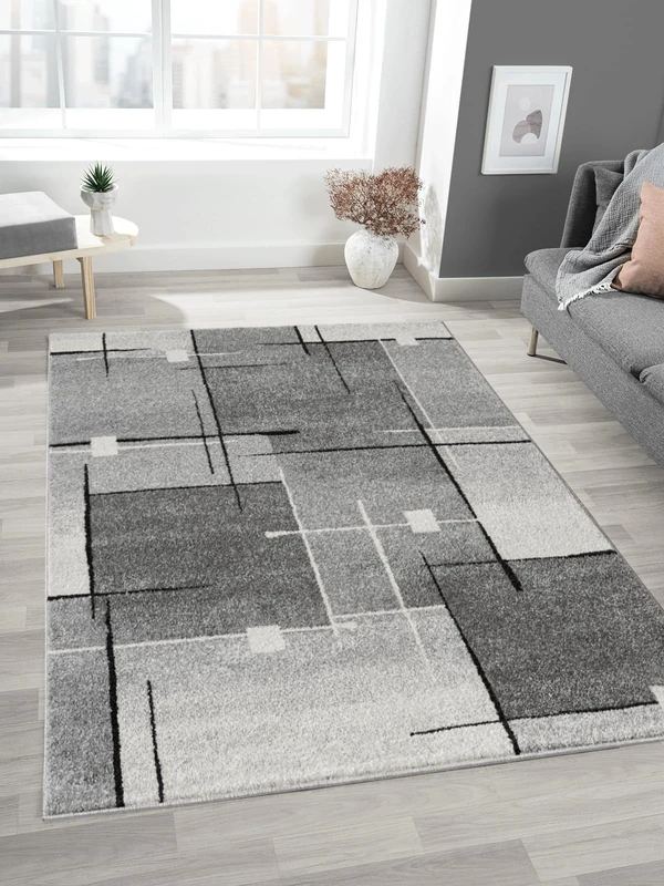 Mia's Mosaix - Modern Dense Short Pile Rug for Living Room and Bedroom with Contour Cut, Geometric Patterns, Chequered, in Grey, 140 x 200 cm