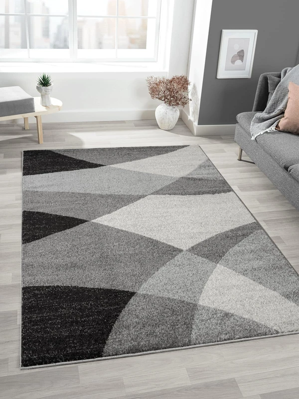 Mia's Mosaix Rugs, Modern Dense Short Pile Rug for Living Room and Bedroom, with Contour Cut, Geometric Patterns, Chequered, in Grey, 140 x 200 cm