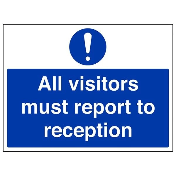 V Safety Mandatory General - All Visitors Must Report To Reception - 400 X 300MM Safety Sign With Snap Frame