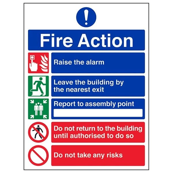 V Safety Fire Action - General Fire Action 5 Message Risks - 300 X 400MM Safety Sign With Snap Frame