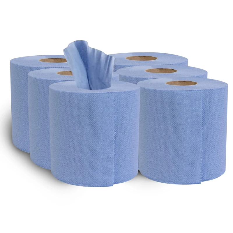 H-Line Blue Rolls Centrefeed Kitchen Towels Roll Embossed Pattern Strong & Absorbent Blue Roll Paper Towel Tissue Standard Household Towels for Home Kitchen Office Warehouse Garage (Pack of 6)