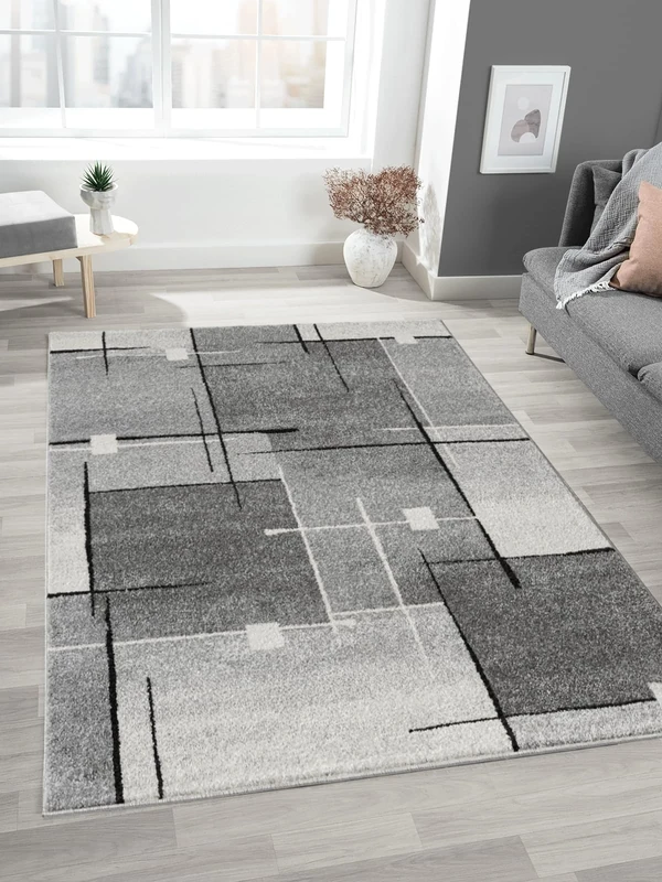 Mia's Mosaix - Modern Dense Short Pile Rug for Living Room and Bedroom with Contour Cut, Geometric Patterns, Chequered, in Grey, 240 x 330 cm