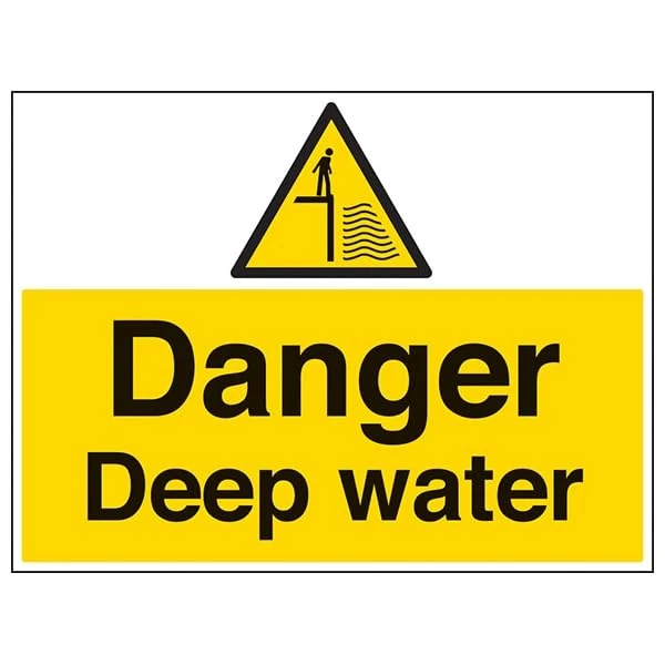 V Safety Warning Water- Danger Deep Water - 400 X 300MM Safety Sign With Snap Frame