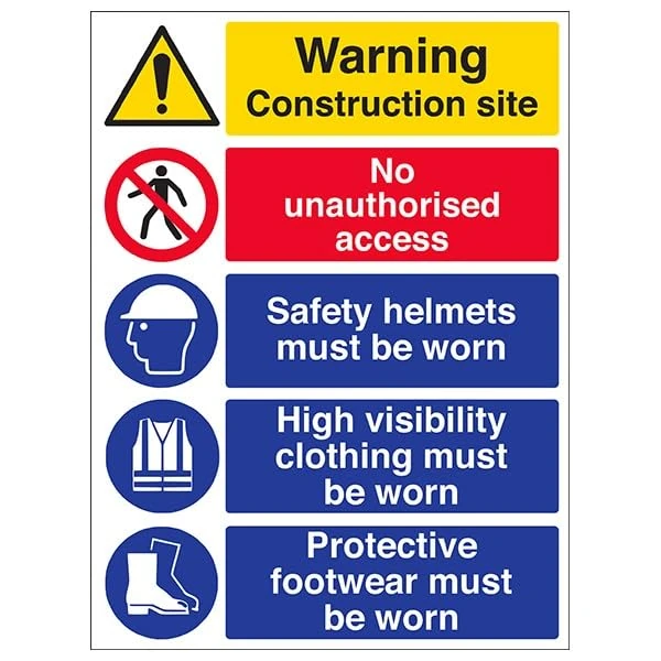 V Safety Warning Building Site - Multi Hazard Site Safety High Viz - 450 X 600MM Safety Sign With Snap Frame