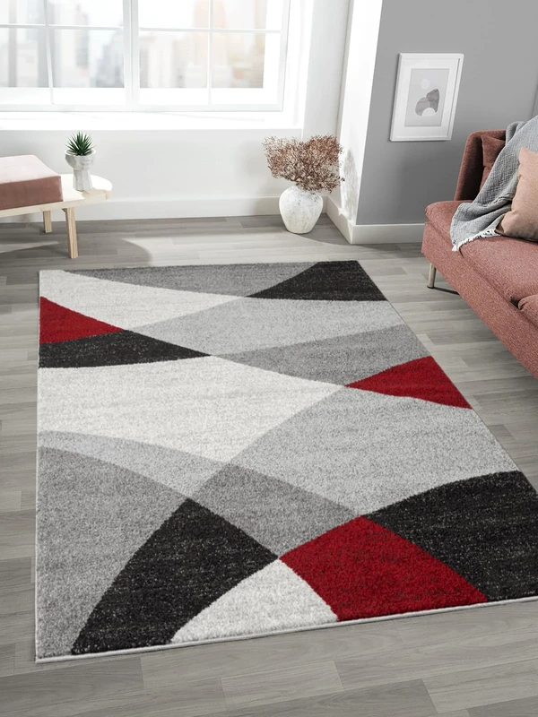 Mia's Mosaix - Modern Dense Short Pile Rug for Living Room and Bedroom with Contour Cut, Geometric Patterns, Chequered, in Grey Red, 240 x 330 cm