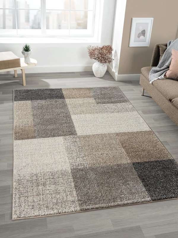 Mia's Mosaix - Modern Dense Short Pile Rug for Living Room and Bedroom with Contour Cut, Geometric Patterns, Chequered, in Beige, 160 x 220 cm