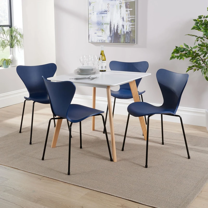 Home Source Kitchen Dining Table Set, 4 Blue Moulded Chairs, 80cm White Top Table