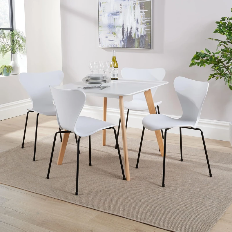 Home Source Kitchen Dining Table Set, 4 White Moulded Chairs, 80cm White Top Table