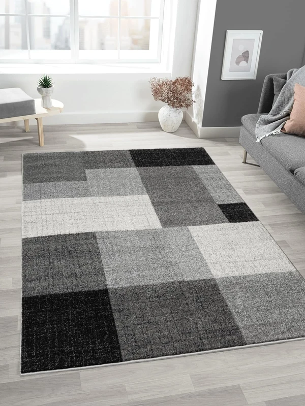 Mia's Mosaix - Modern Dense Short Pile Rug for Living Room and Bedroom with Contour Cut, Geometric Patterns, Chequered, in Grey, 160 x 220 cm