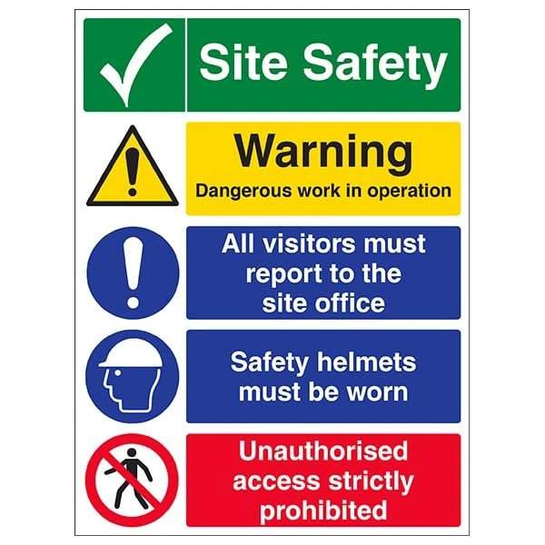 V Safety Warning Building Site - Multi Hazard Site Safety Site Tick - 450 X 600MM Safety Sign With Snap Frame
