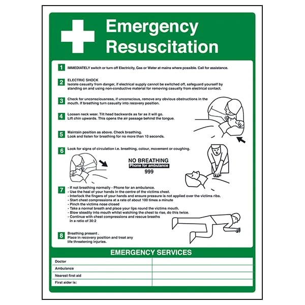 V Safety First Aid General - Emergency Resuscitation - 300 X 400MM Safety Sign With Snap Frame
