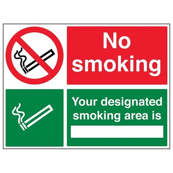 V Safety Prohibition No Smoking - Your Designated Smoking Area Is - 400 X 300MM Safety Sign With Snap Frame