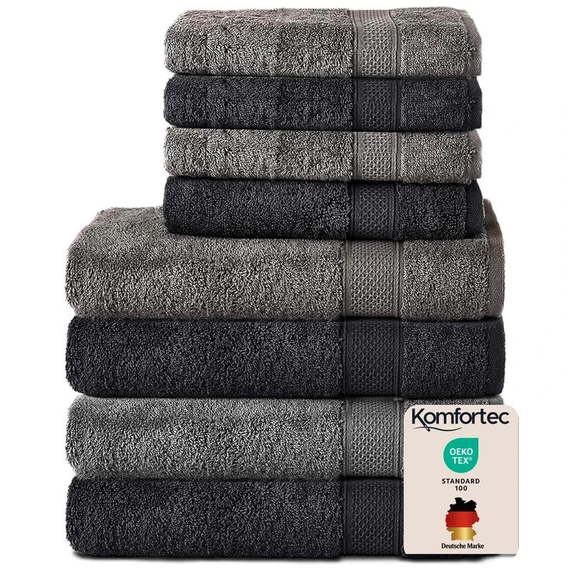 Komfortec Set of 8 Hand Towels 100% Cotton, 4 Bath Towels 70 x 140 cm and 4 Hand Towels 50 x 100 cm, Terry Cloth, Soft, Towel, Large, Anthracite/Black