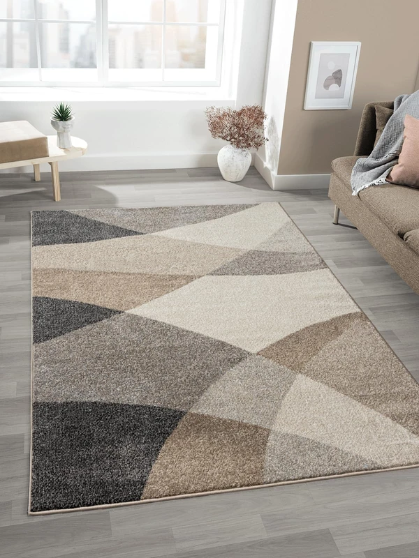 Mia's Mosaix - Modern Dense Short Pile Rug for Living Room and Bedroom with Contour Cut, Geometric Patterns, Chequered, in Beige, 160 x 220 cm