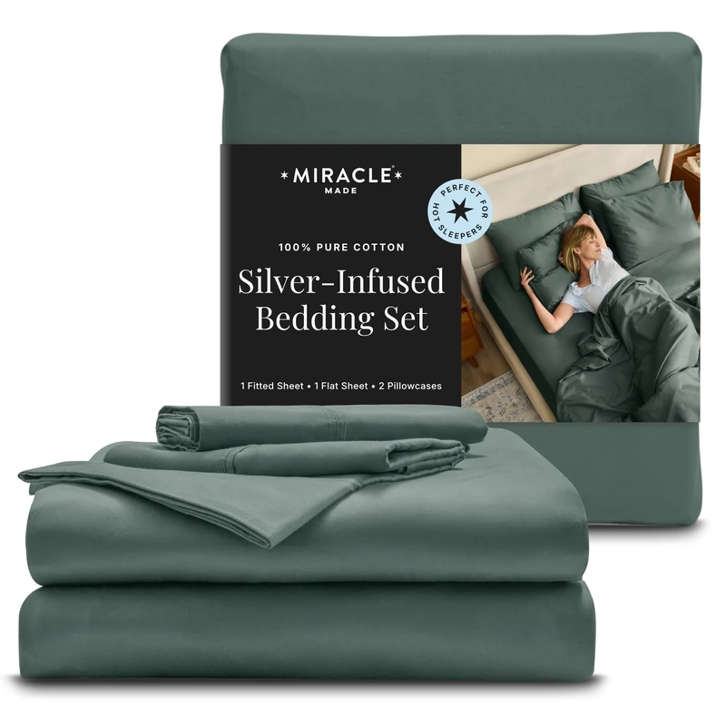 Miracle Made Cotton Bed Sheet - Sage Green, Queen - 4 Piece Silver Infused Sheet Set - 300 Thread Count - Thermoregulating Clean & Cool