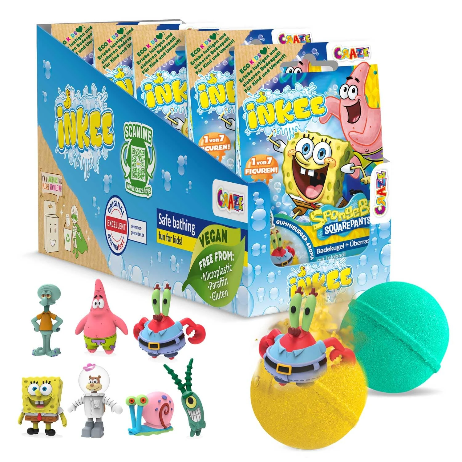 INKEE Spongebob Squarepants Bath Bombs 5 Pack Children's with Surprise - Spongebob Collectable Figurines - Bath Toys 5X 80g Bubble Gum and jojoba Oil Flavoured Bath Balls - Kids' Gifts