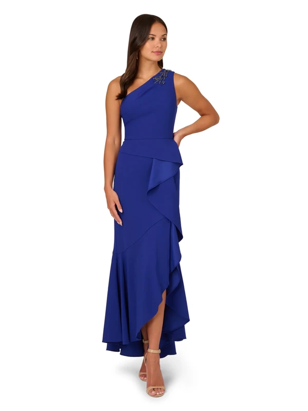 Adrianna Papell Women's Beaded Knit Crepe Gown Special Occasion Dress, Royal Sapphire, 16