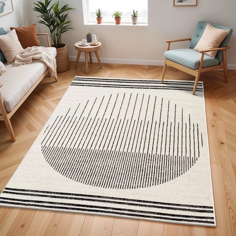 Livabliss Nairobi Geometric Rug - Scandi Area Rugs Living Room 140x200 cm, Dining, Kitchen - Neutral, Abstract Patterned Rugs, Boho Style, Easy Care Pile - Large Rug, Black, Ivory and Grey