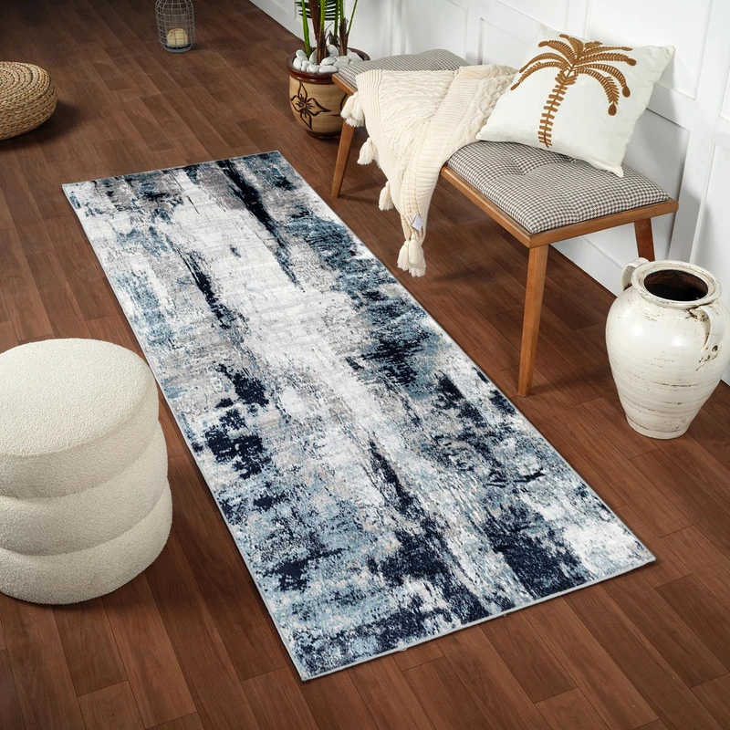 Livabliss Helsinki Abstract - Runner s Living Room 80x220 cm, Hallway, Dining Room Area - Modern Marble, Soft Luxurious Easy Care Medium Pile Large, Blue, White and Grey