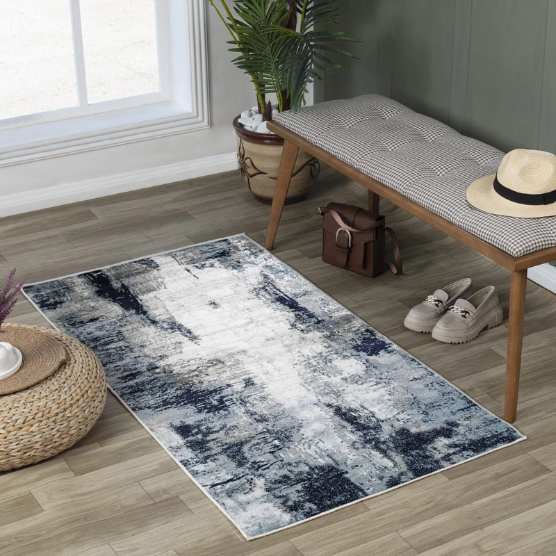 Livabliss Helsinki Abstract - Runner s Living Room 80x150 cm, Hallway, Dining Room Area - Modern Marble, Soft Luxurious Easy Care Medium Pile Large, Blue, White and Grey