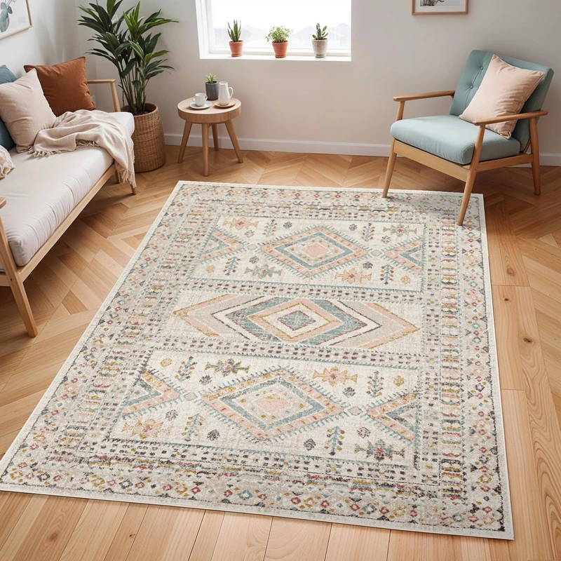 Livabliss Dublin Vintage Rug - Area Rugs Living Room 140x200 cm, Dining Floor, Kitchen, Traditional Multicoloured Boho Style, Easy Care Pile, Bohemian Large Rug, Ivory, Pink and Grey