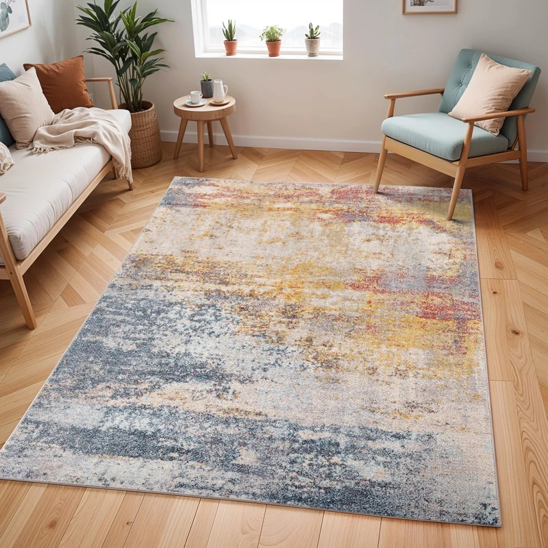 Livabliss Sarasota Abstract Rug - Area Rugs Living Room 140x200 cm, Dining Room, Lounge, Kitchen, Bedroom - Modern Marble Large Rug, Soft Luxurious Easy Care Medium Pile, Blue, Mustard and Rust