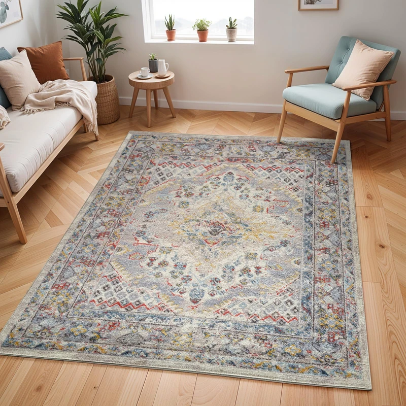 Livabliss Casablanca Vintage Rug – Multicolour Boho Area Rug for Living Room, Dining & Kitchen, 120x170 cm, Easy-Care Pile, Large Traditional Bohemian Rug in Taupe, Grey and Rust