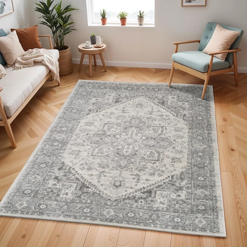 Livabliss Khartoum Vintage Rug - Area Rugs for Living Room 140x200 cm, Bedroom - Scandi Neutral Rugs, Traditional Patterned Boho Style, Natural Easy Care Pile - Large Rug, Grey and Beige