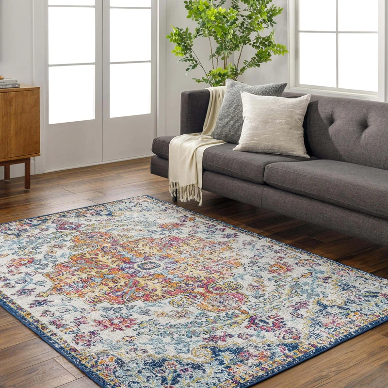 Livabliss Asmara Vintage Rug - Area Rugs Living Room 140x200 cm, Dining Floor, Kitchen, Traditional Multicoloured Boho Style, Easy Care Pile, Bohemian Large Rug, Blue and Orange