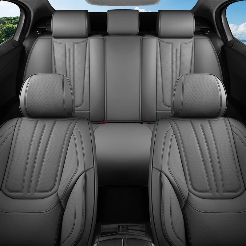 SCDOOCA Waterproof Faux Leather Car Seat Covers - Full Set for Cars/SUVs/Trucks, Black/Gray/Beige - Front Seats Fit Most Vehicles (Gray, FullSet)
